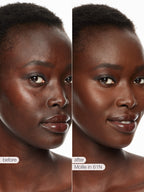 Before and after comparison of a woman's face with text indicating 'before' and 'after' and product name.