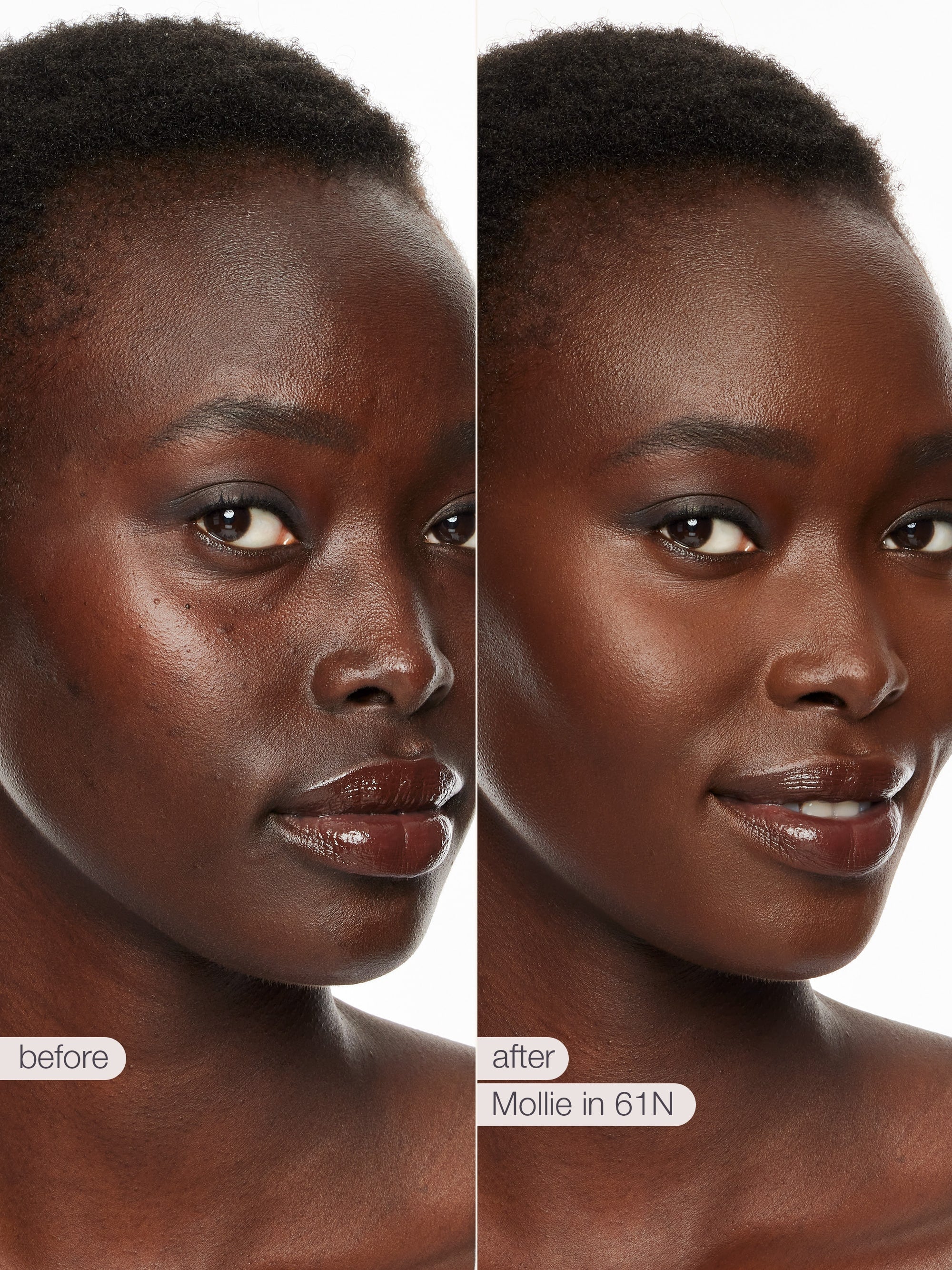 Before and after comparison of a woman's face with text indicating 'before' and 'after' and product name.