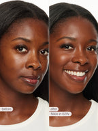 Before and after comparison of a woman's face with text indicating product name and color.