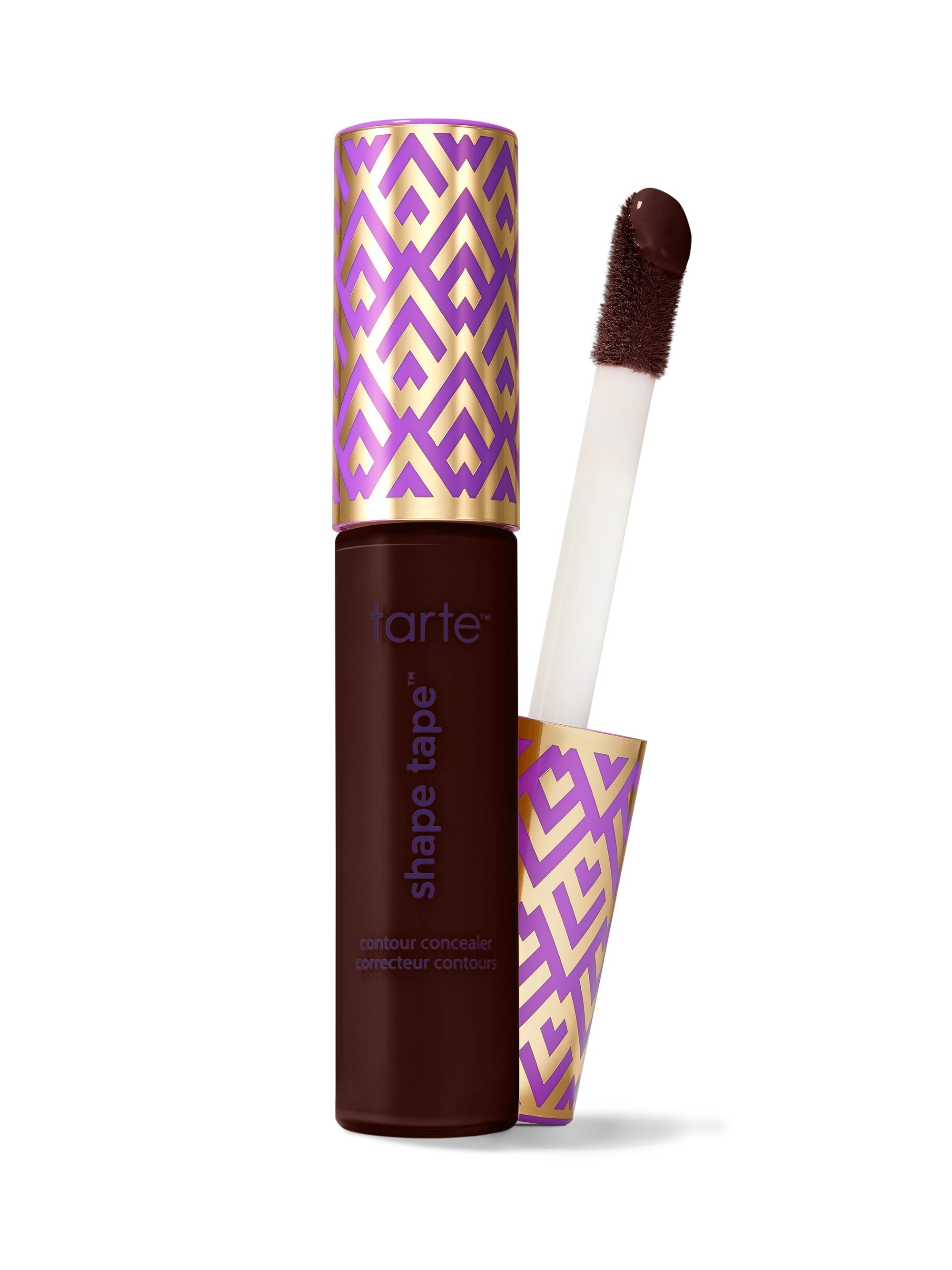 Tarte Shape Tape concealer with purple and gold packaging on a white background