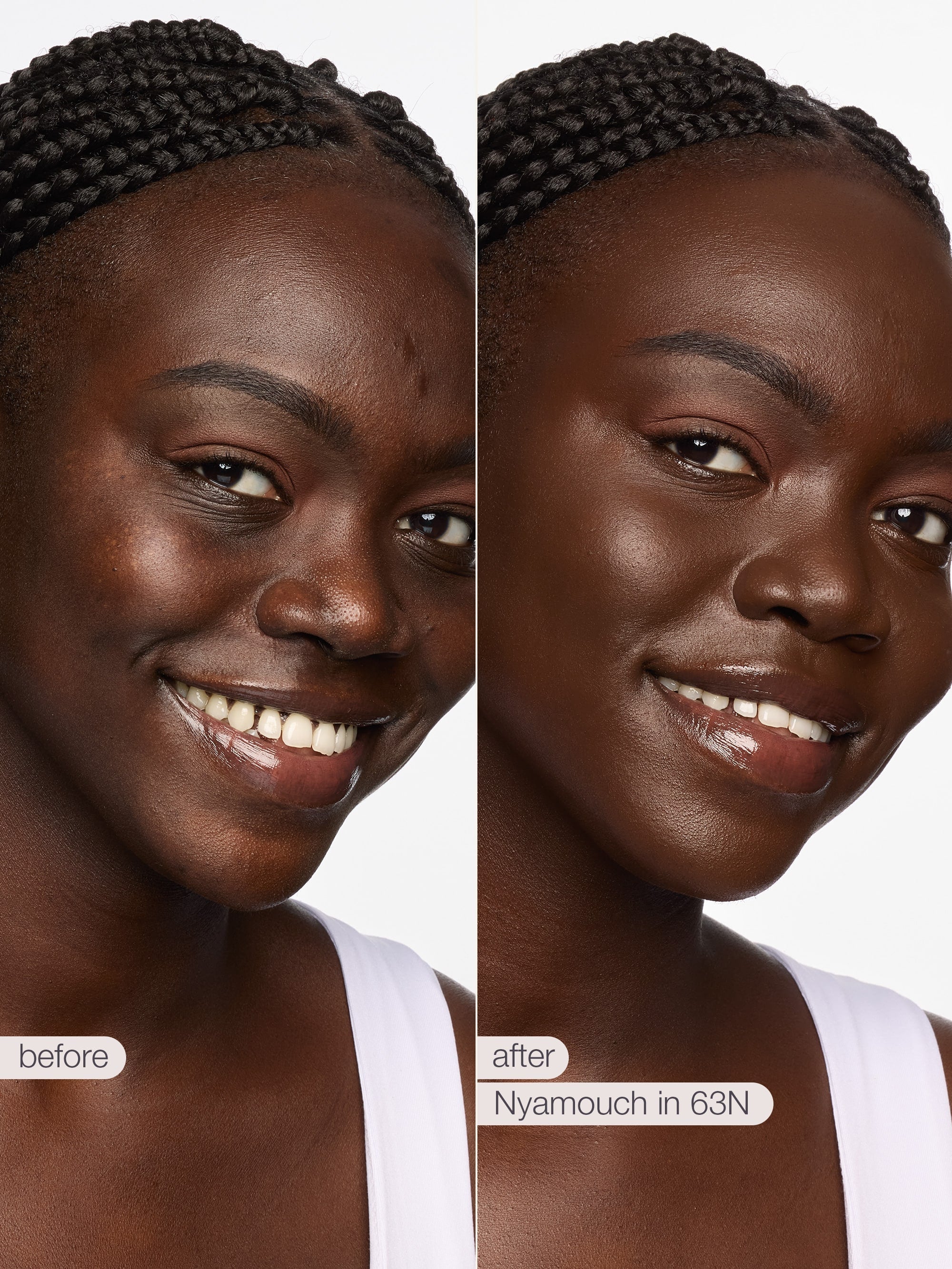 Before and after comparison of a woman's face with cosmetic effects applied.