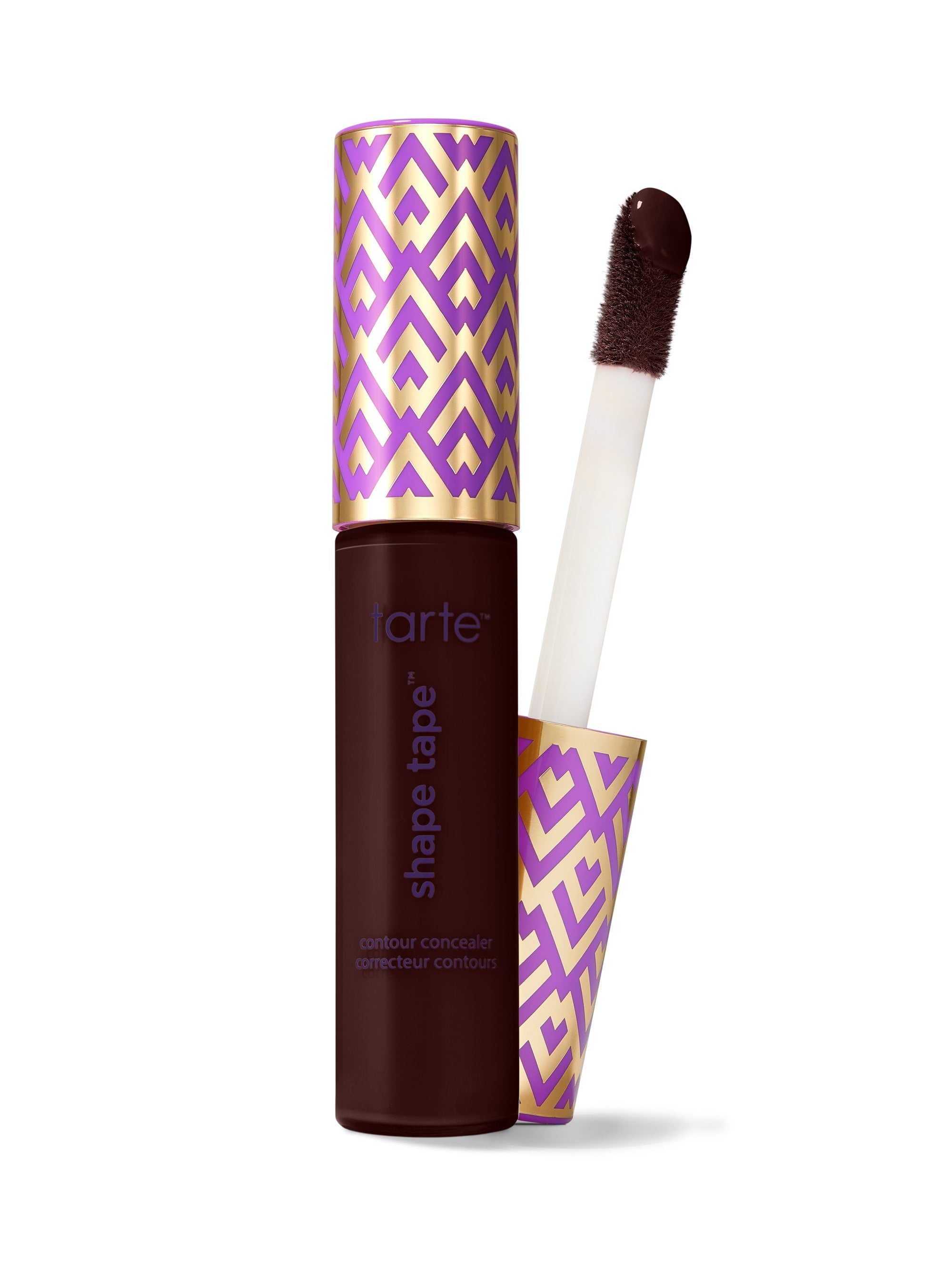 Tarte Shape Tape concealer with purple and gold packaging on a white background