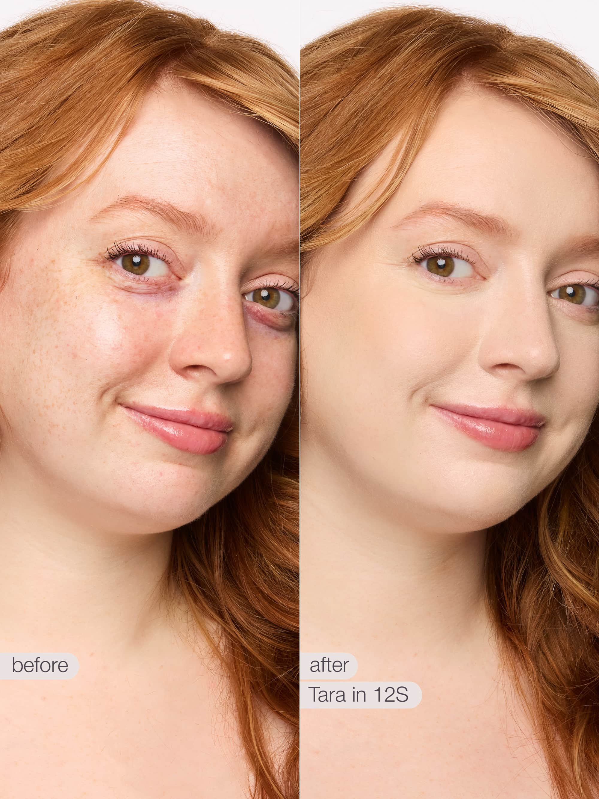 Before and after comparison of a woman with red hair, showing a close-up of her face.