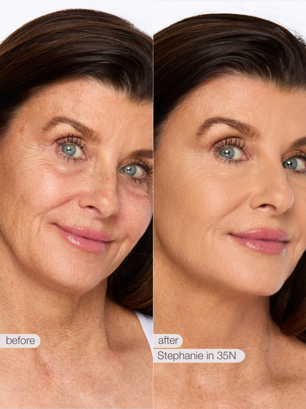 Before and after comparison of a woman's face with visible skin texture differences, labeled 'before' and 'after' with 'Stephanie in 35N'.