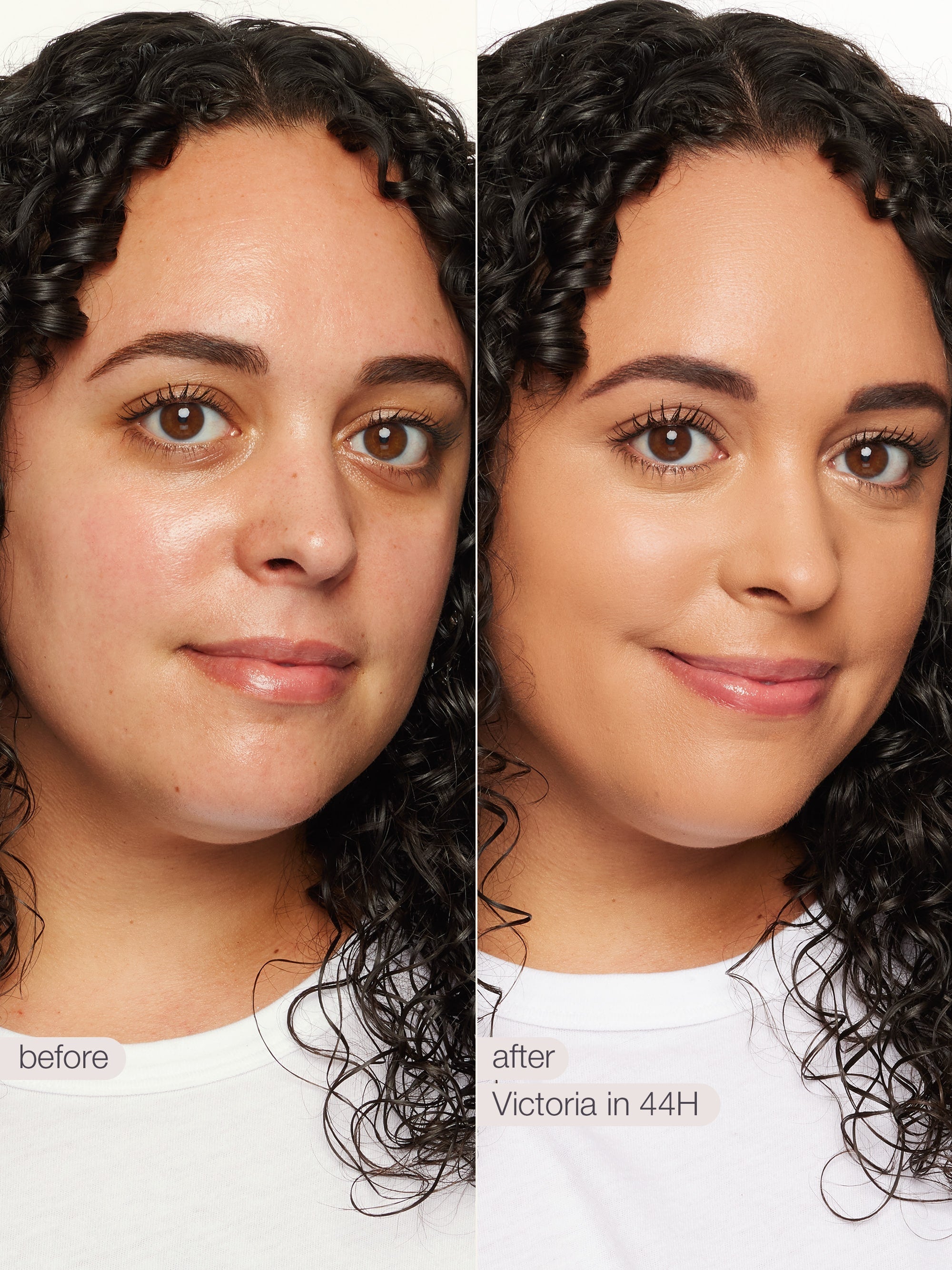 Before and after comparison of a woman with curly hair, showing a visible difference in hair texture and color.