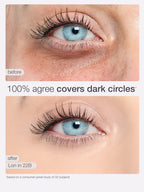 Before and after comparison of eye makeup application on a blue eye, with text indicating product effectiveness.