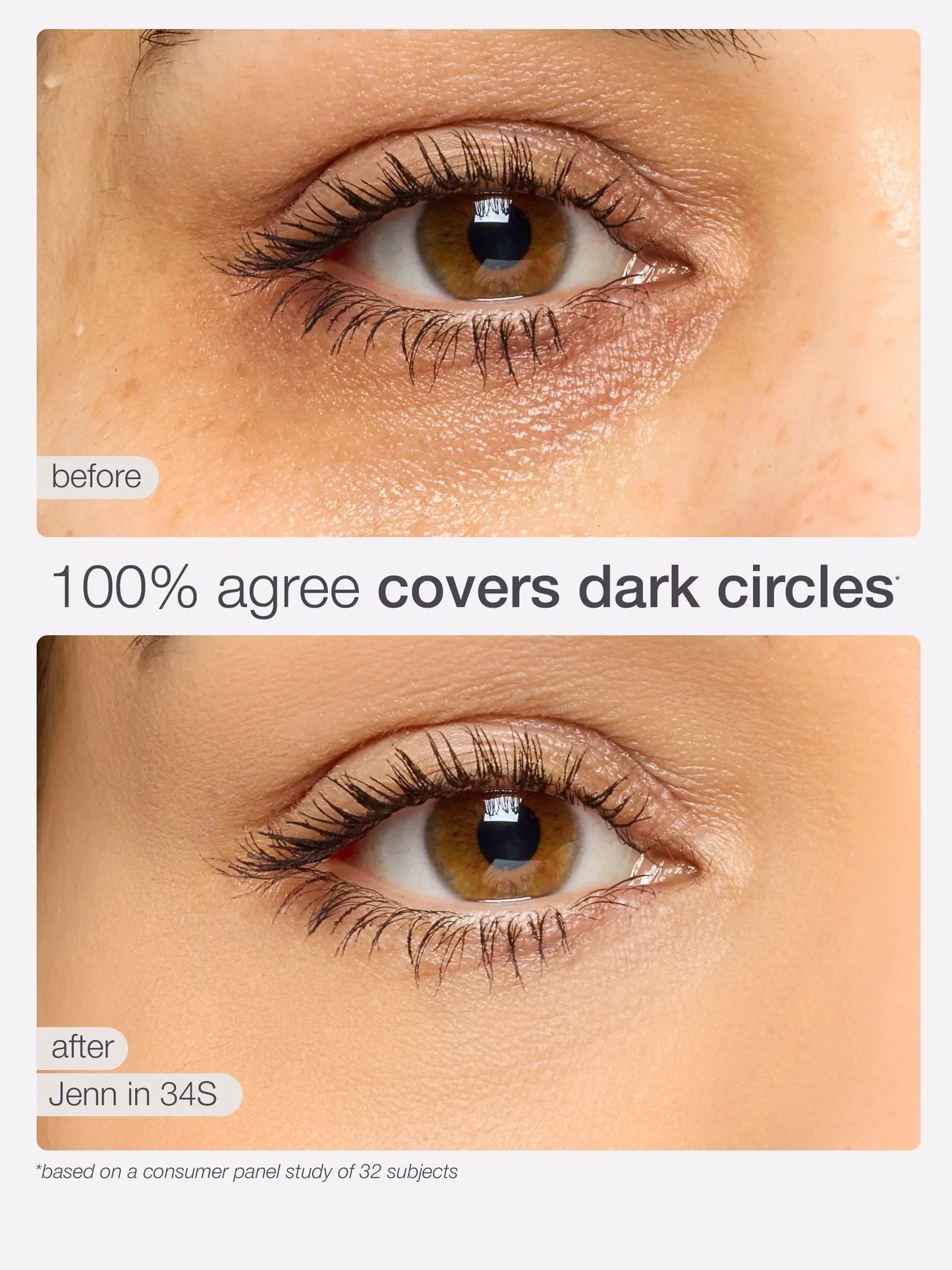 Before and after comparison of eye makeup application on a person's eyelid.