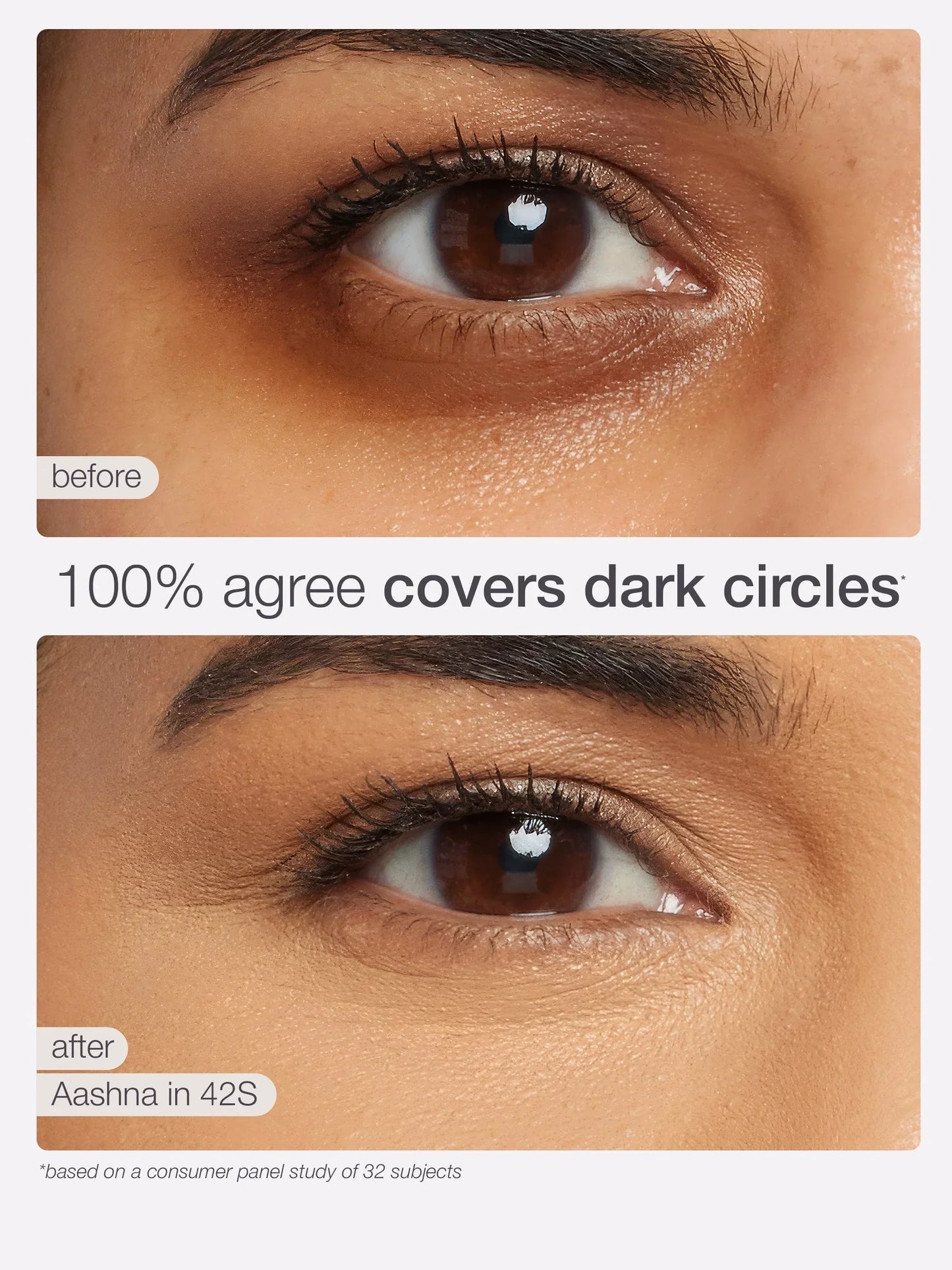 Before and after comparison of tan concealer covering dark circles, smooth natural finish