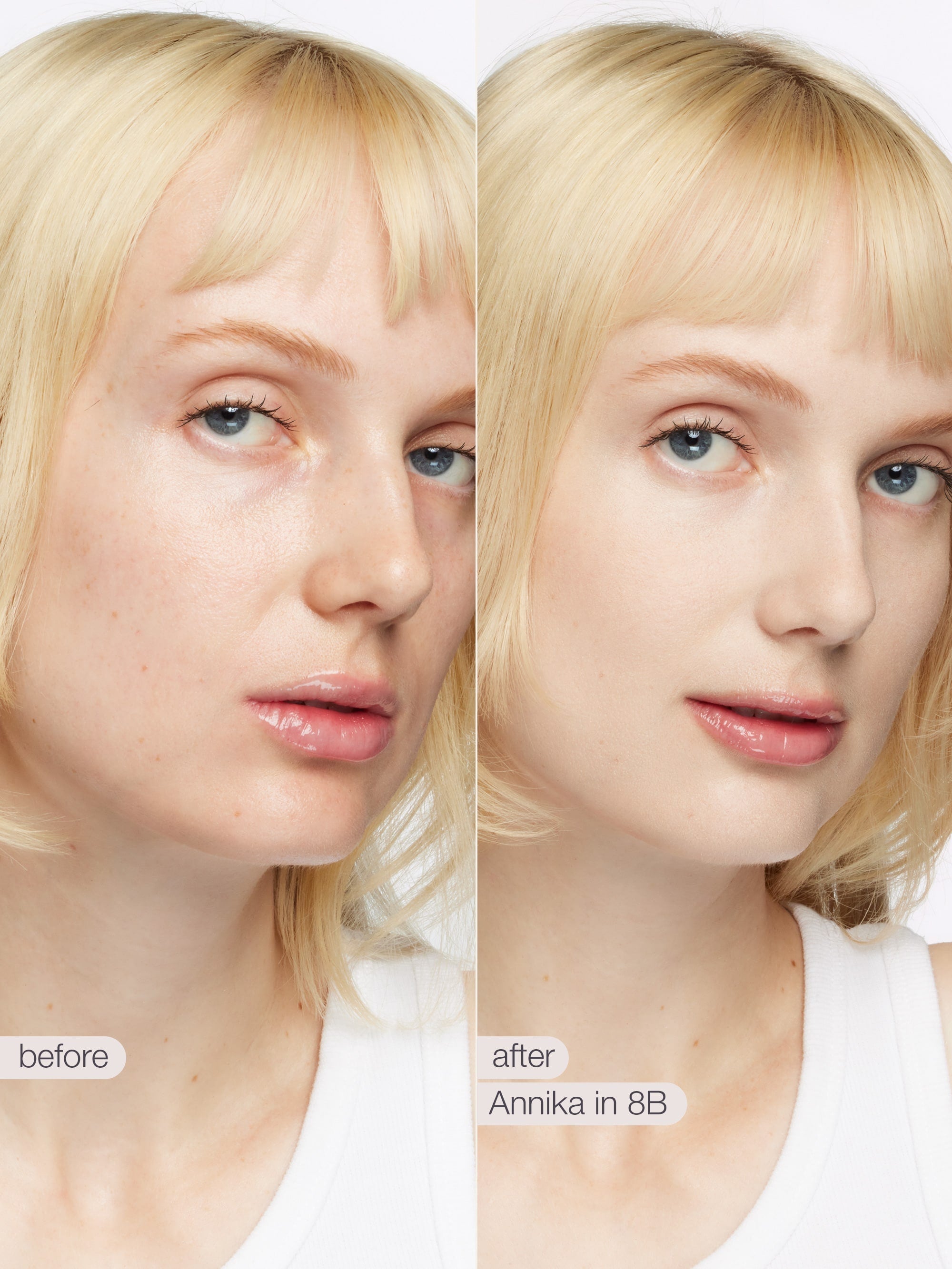 Before and after comparison of a woman with blonde hair and blue eyes, labeled 'before' and 'after' with product name.