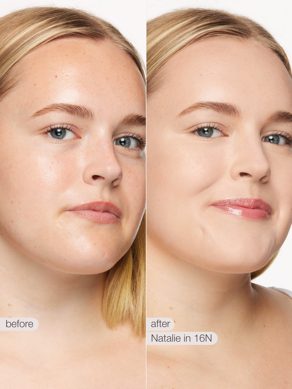 Before and after comparison of a woman's face with visible makeup application.