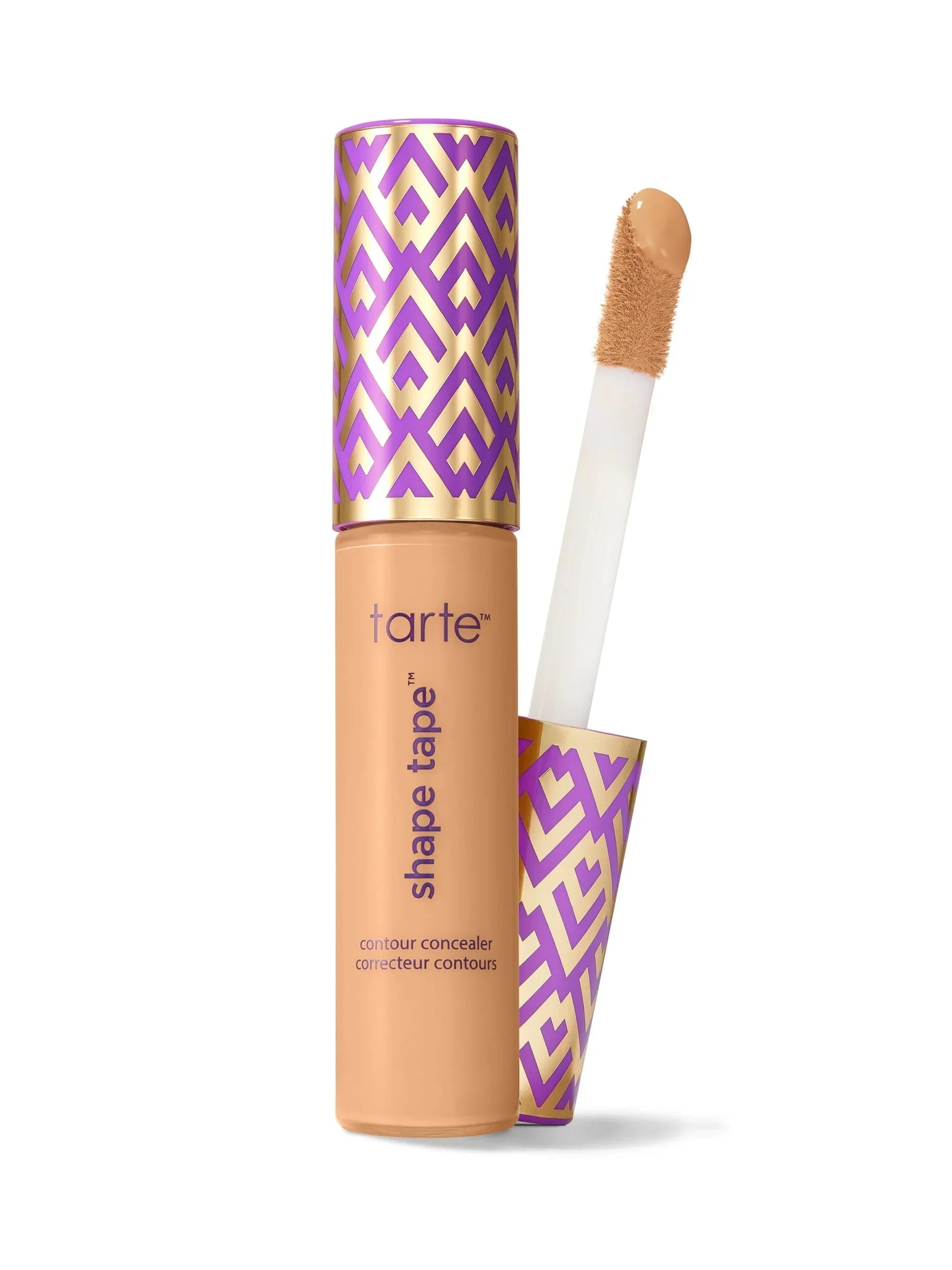 Tarte Shape Tape concealer with purple and gold packaging on a white background