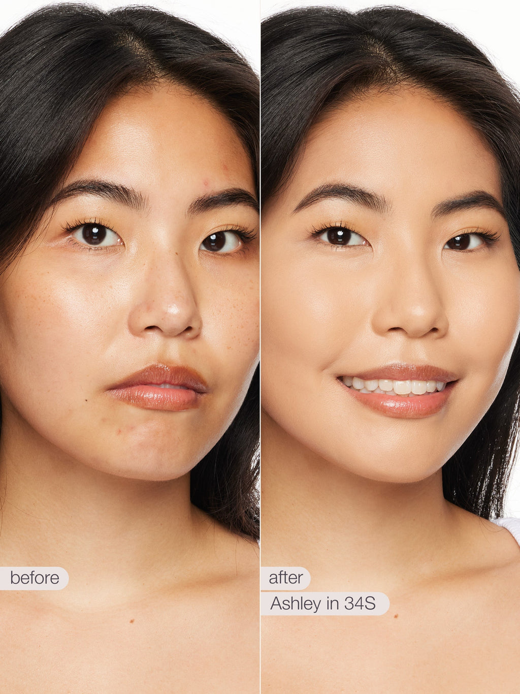 Before and after comparison of a woman's face with text indicating 'before' and 'after' and product name.