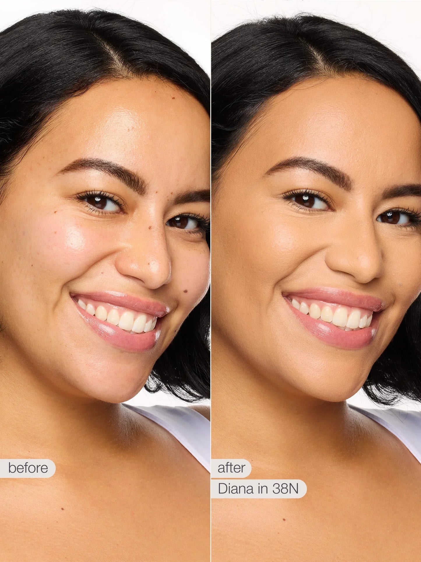 Before and after of woman wearing 38N medium tan concealer, showing smooth, radiant complexion.