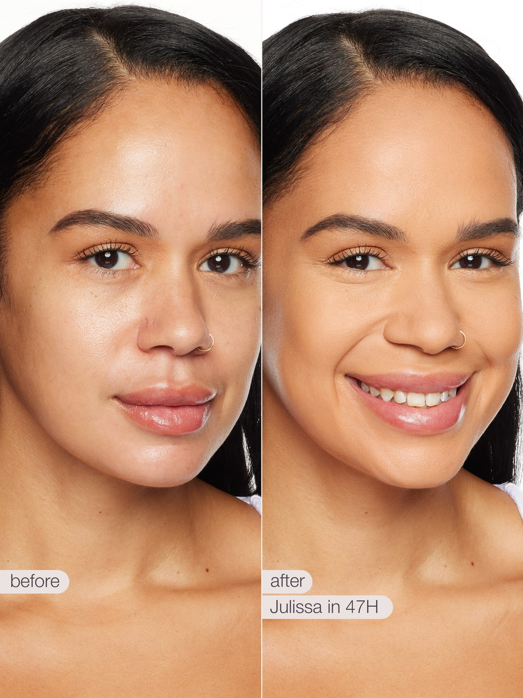 Before and after comparison of a woman's face with text indicating product application time.