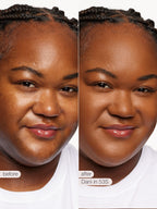Before and after comparison of a woman's face with text indicating 'before' and 'after' on a white background.