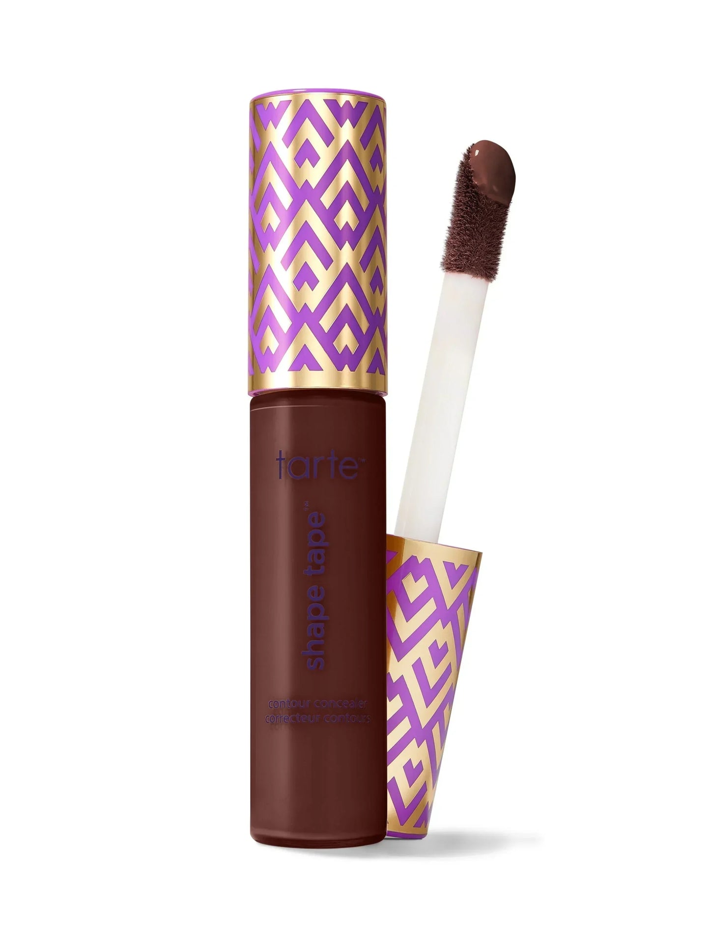 Tarte shape tape product with purple and gold packaging on a white background