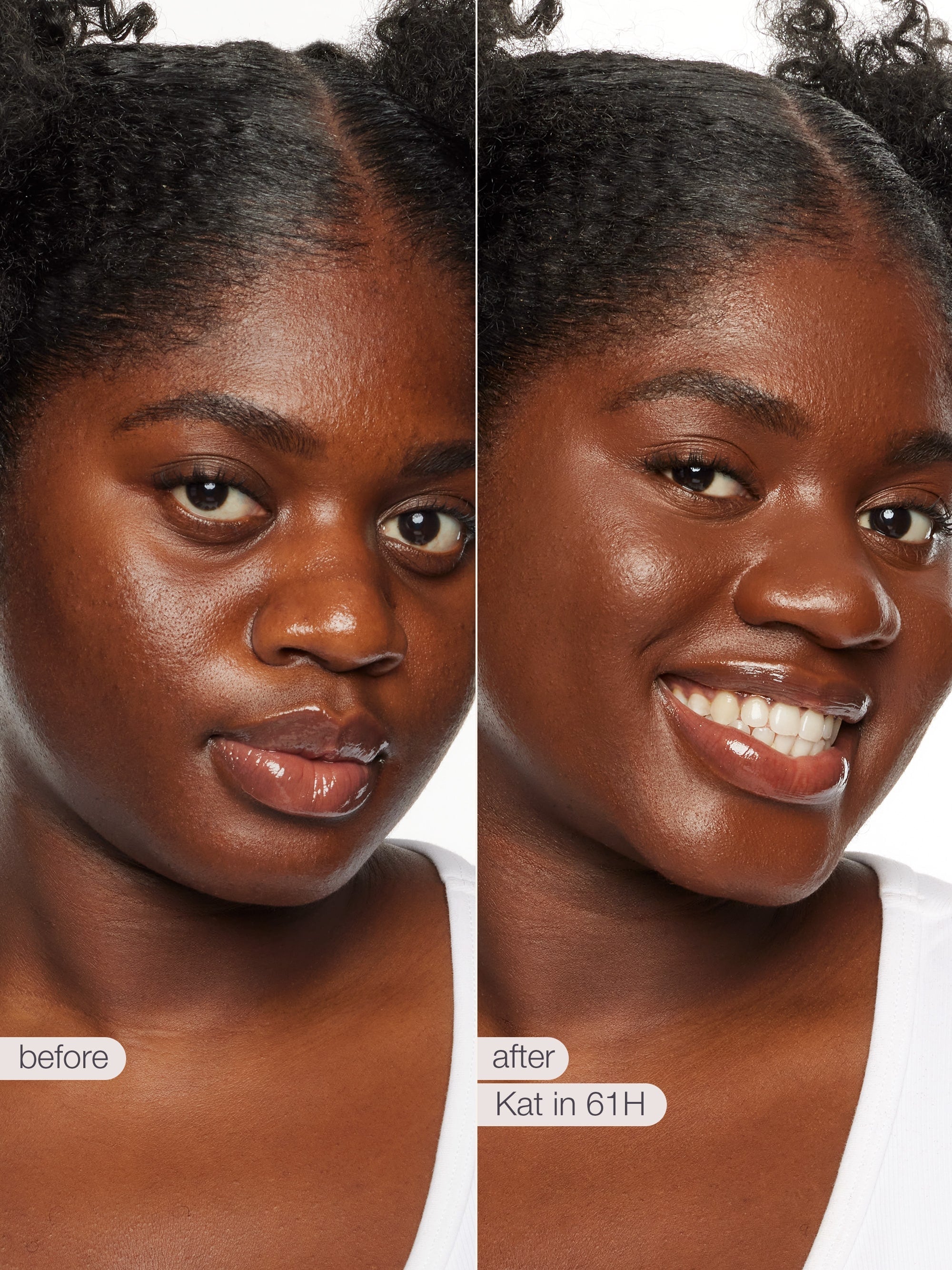 Before and after comparison of a woman's face with text indicating 'before' and 'after' Kat in 61H