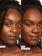 Before and after comparison of a woman's face with text indicating product use.