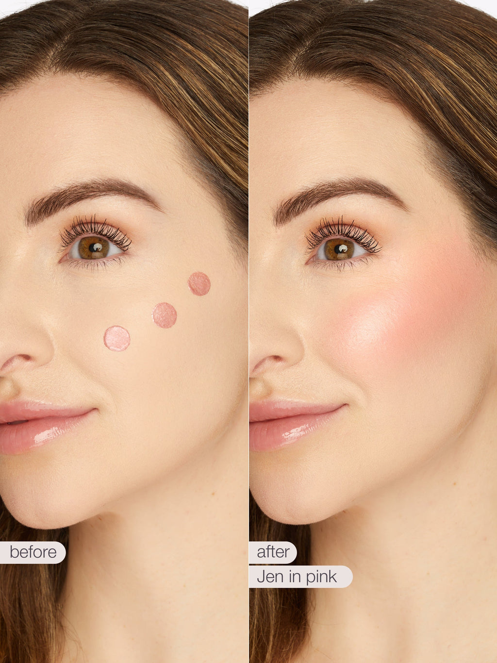 Before and after comparison of a woman's face with blush application, showing a close-up of her cheeks.