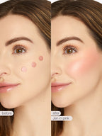 Before and after comparison of a woman's face with blush application, showing a close-up of her cheeks.