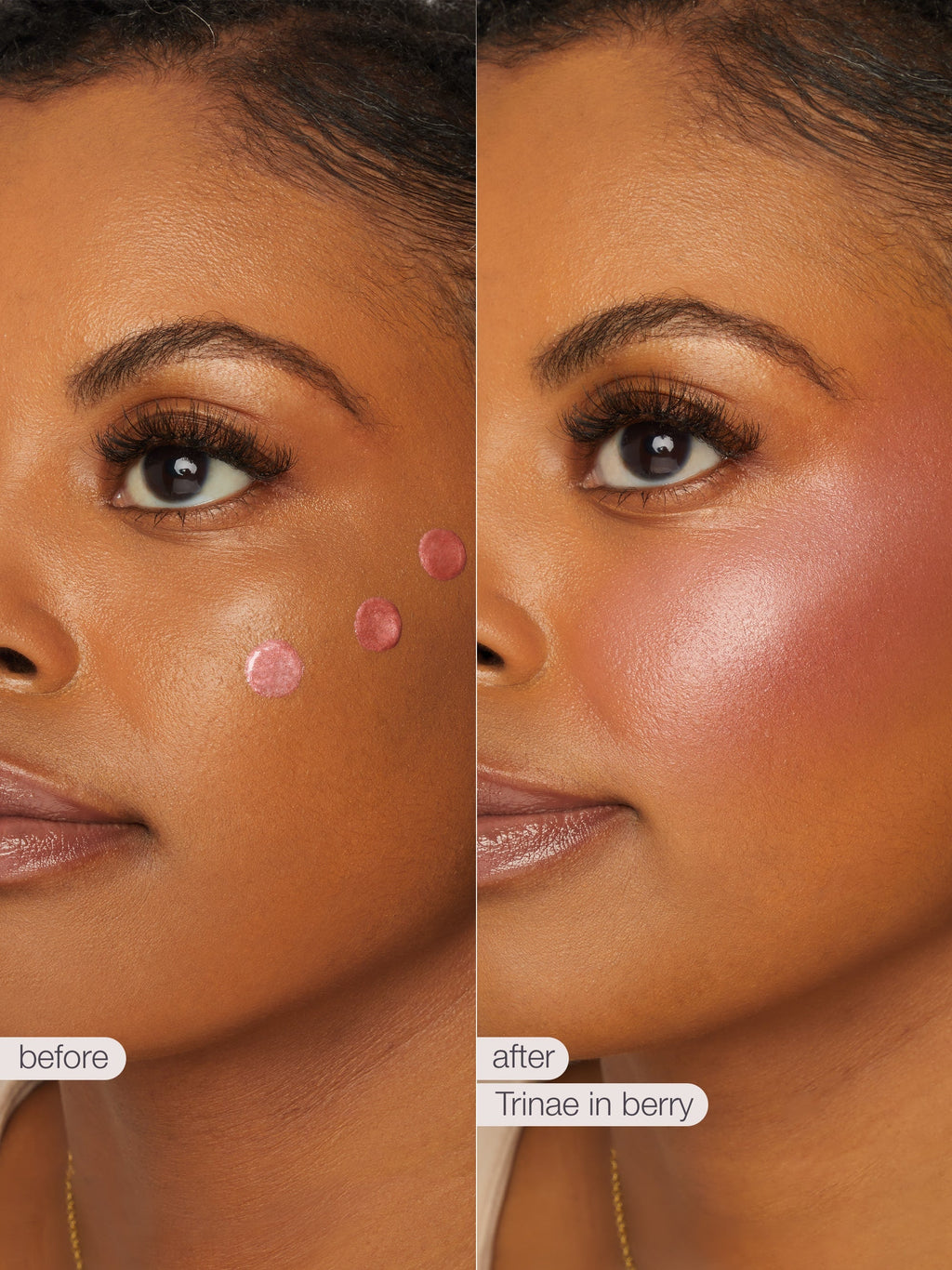 Before and after comparison of a woman's face with cosmetic products applied, labeled 'before' and 'after' with 'Trinie in berry'.