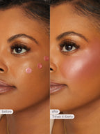 Before and after comparison of a woman's face with cosmetic products applied, labeled 'before' and 'after' with 'Trinie in berry'.