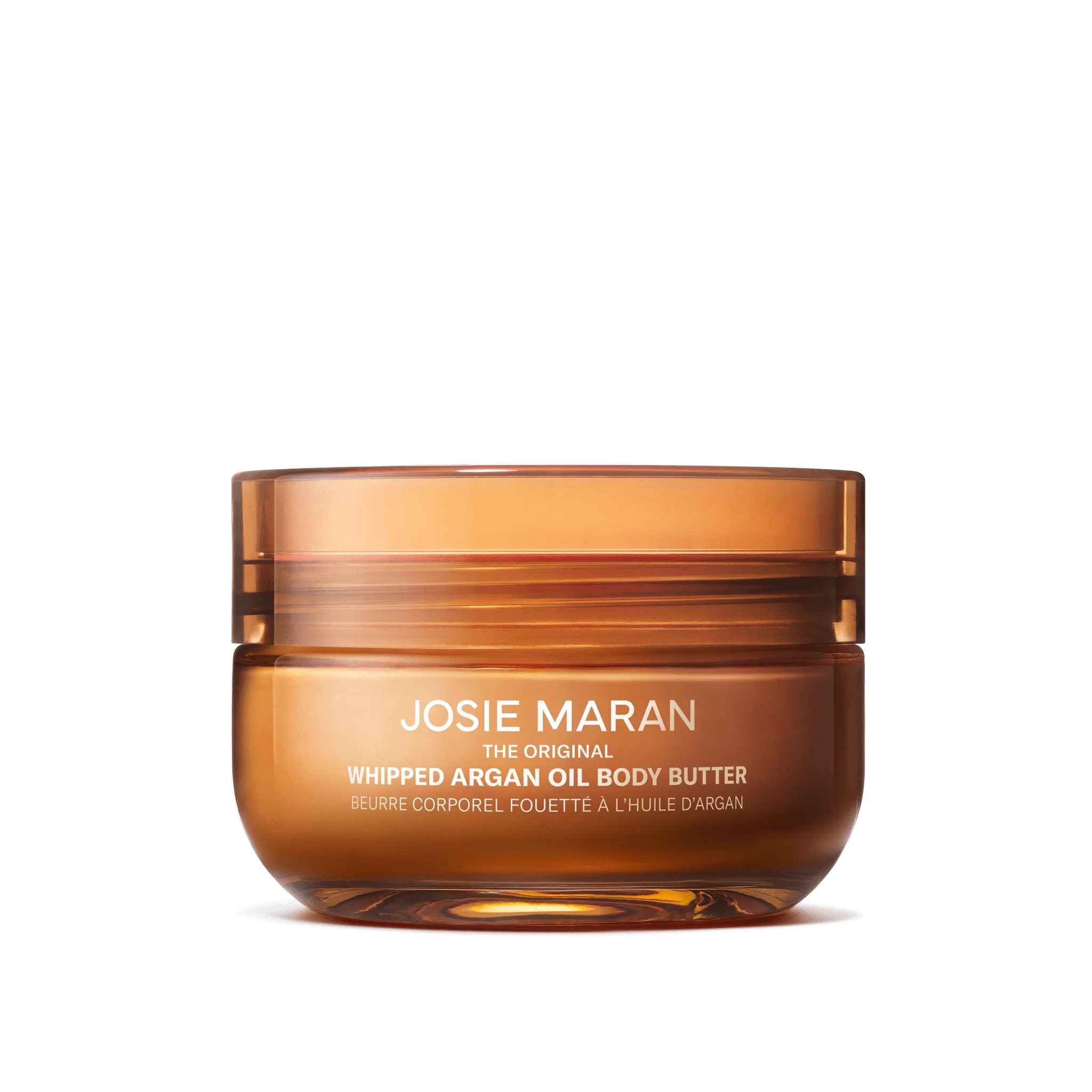 Josie Maran Whipped Argan Oil Body Butter in a luxe amber jar, creamy texture, Wylde Grey beauty