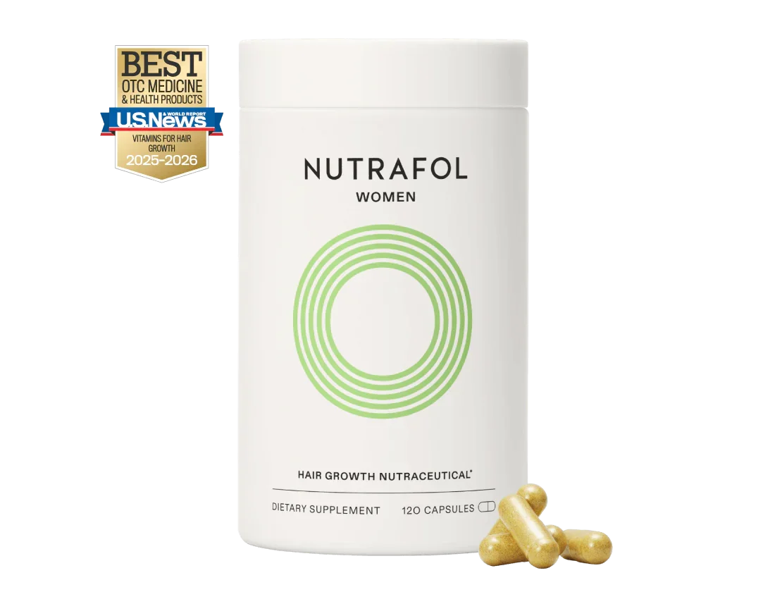 Nutrafol Women hair growth supplement bottle with green circle design, gold award badge, and capsules.