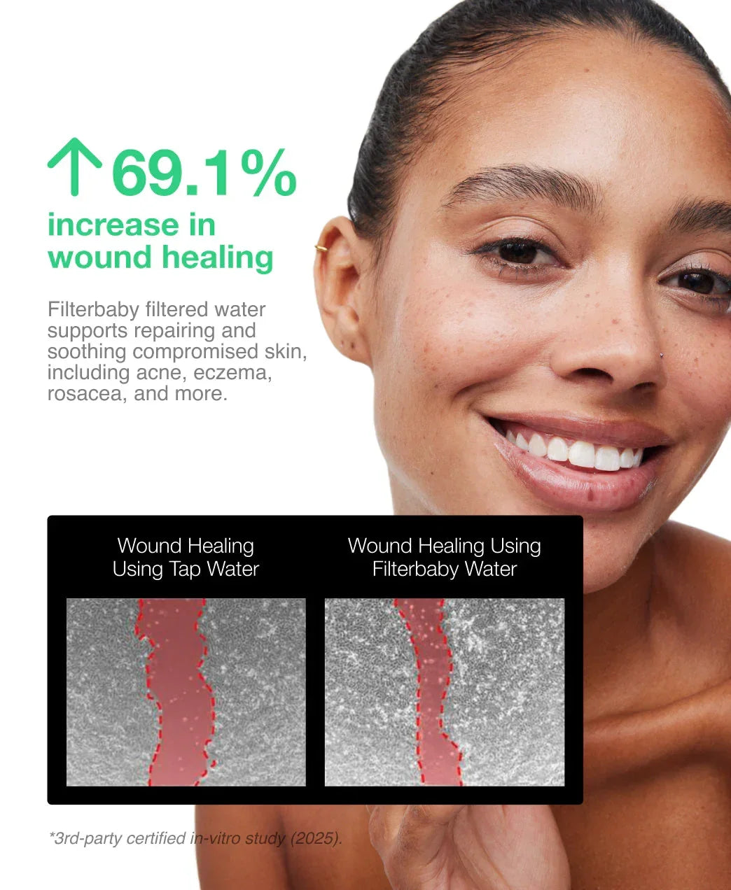 Smiling woman with radiant, dewy skin holds wound healing comparison images, highlighting skincare results.
