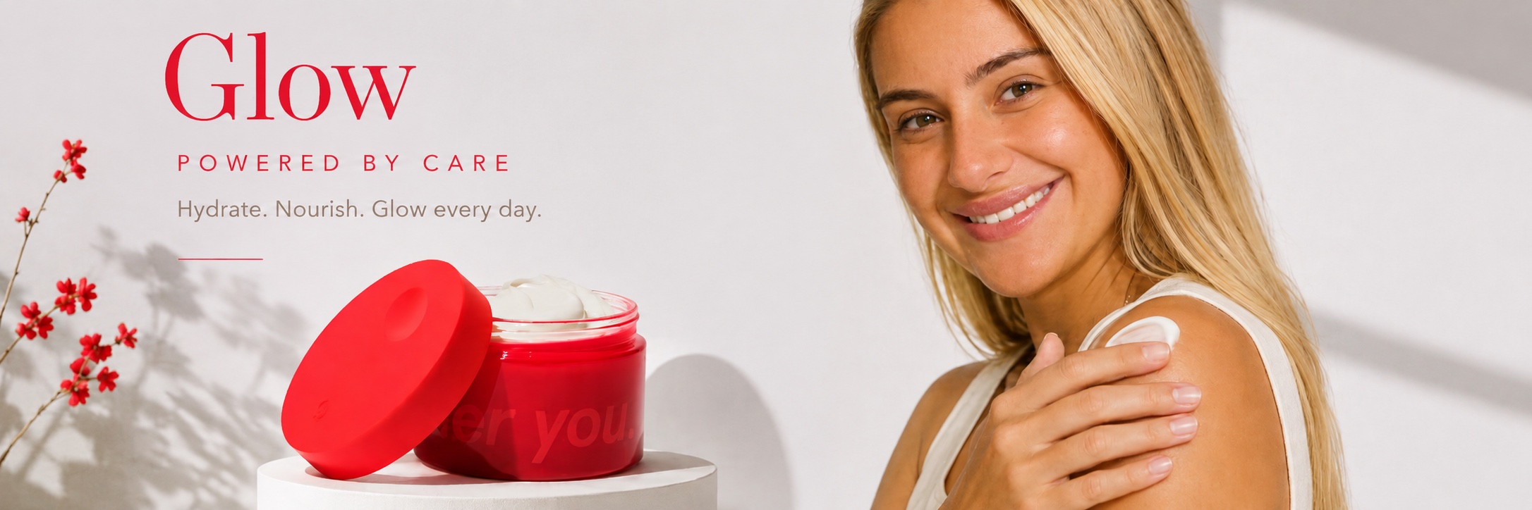 Wylde Grey website skincare banner: Glow, powered by care.
